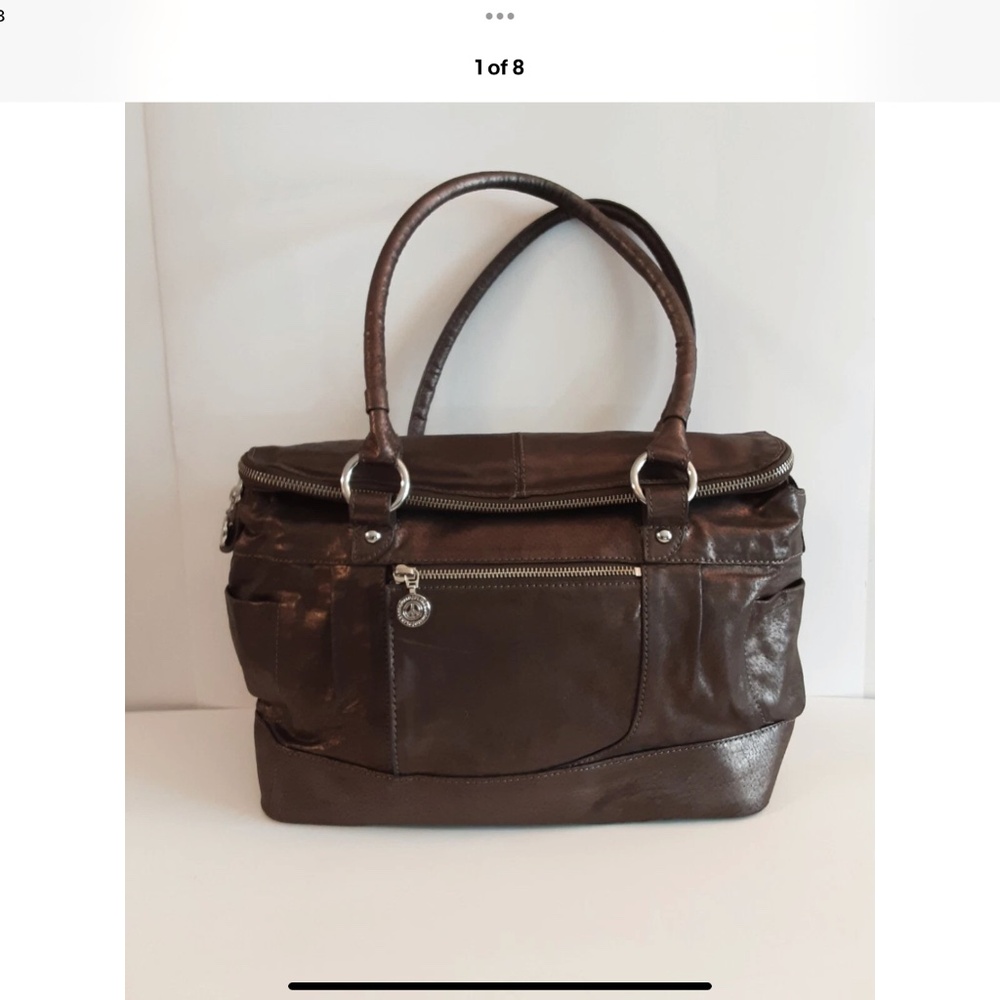 Donald Pliner Leather light Brown Bronze Purse W/Silver Logos- Pristine  FINAL$